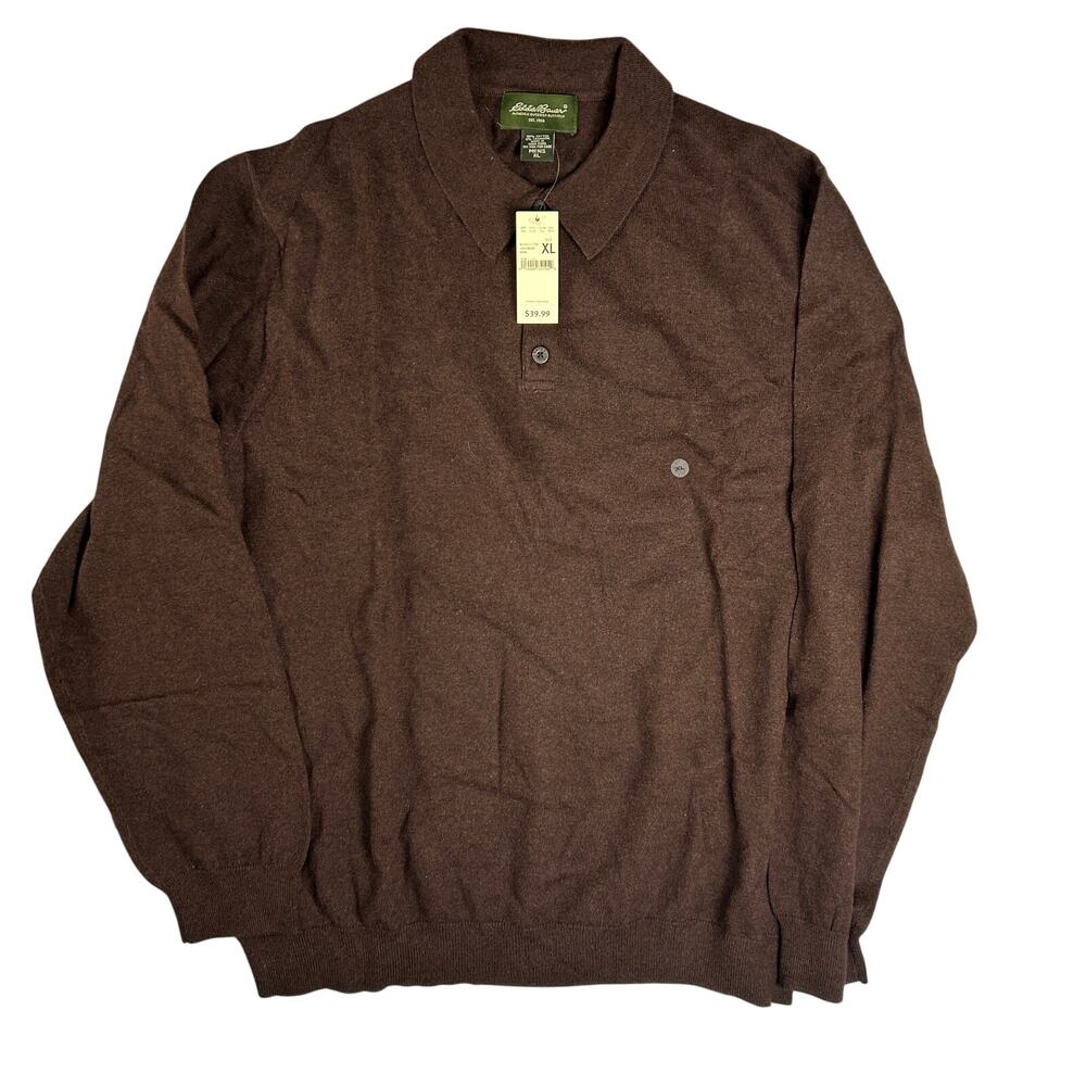 NEW Eddie Bauer Cotton Cashmere Polo Collar Sweater Mens Size XL Brown NWT